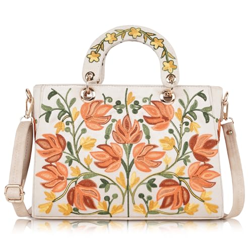 EVEDA Synthetic Leather Gorgeous Embroidery Stylish Design Shoulder Crossbody Hobo Women Handbag (Cream) - Image 1