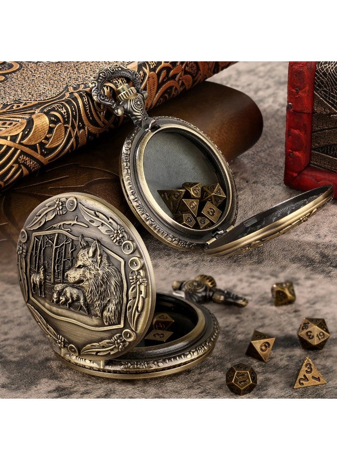 Keller & Weber Mini Dnd Dice Set With Steampunk Wolf Pocket Watch Shell Case, 7Pcs Polyhedral Metal D&D Dice, Dnd Gifts With Gift Box, Role Playing Board Games Accessories - Image 2