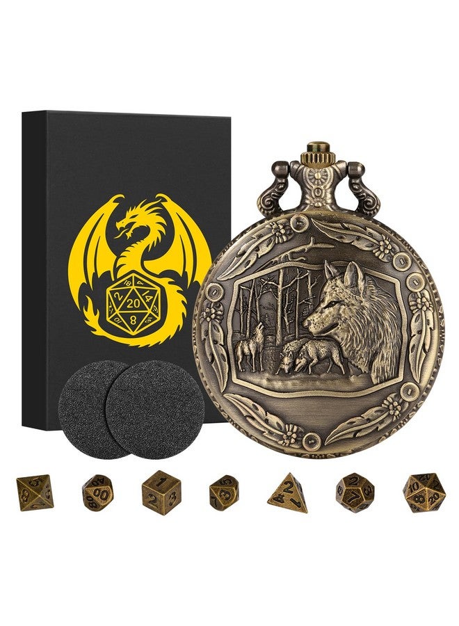 Keller & Weber Mini Dnd Dice Set With Steampunk Wolf Pocket Watch Shell Case, 7Pcs Polyhedral Metal D&D Dice, Dnd Gifts With Gift Box, Role Playing Board Games Accessories - Image 1