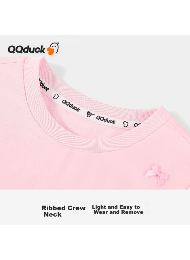 Qq Duck Girls' Long Sleeve T-shirt Children's Spring Student Slim Fit Waist Top Youth Versatile Sweet Bowknot Shirt