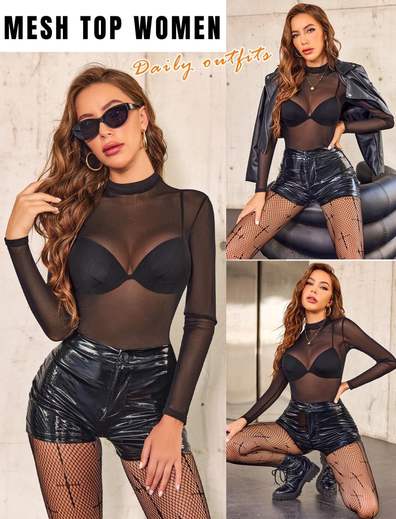 Avidlove Mesh Top Mesh Top for Women Long Sleeve Mock Neck Black M - Image 5
