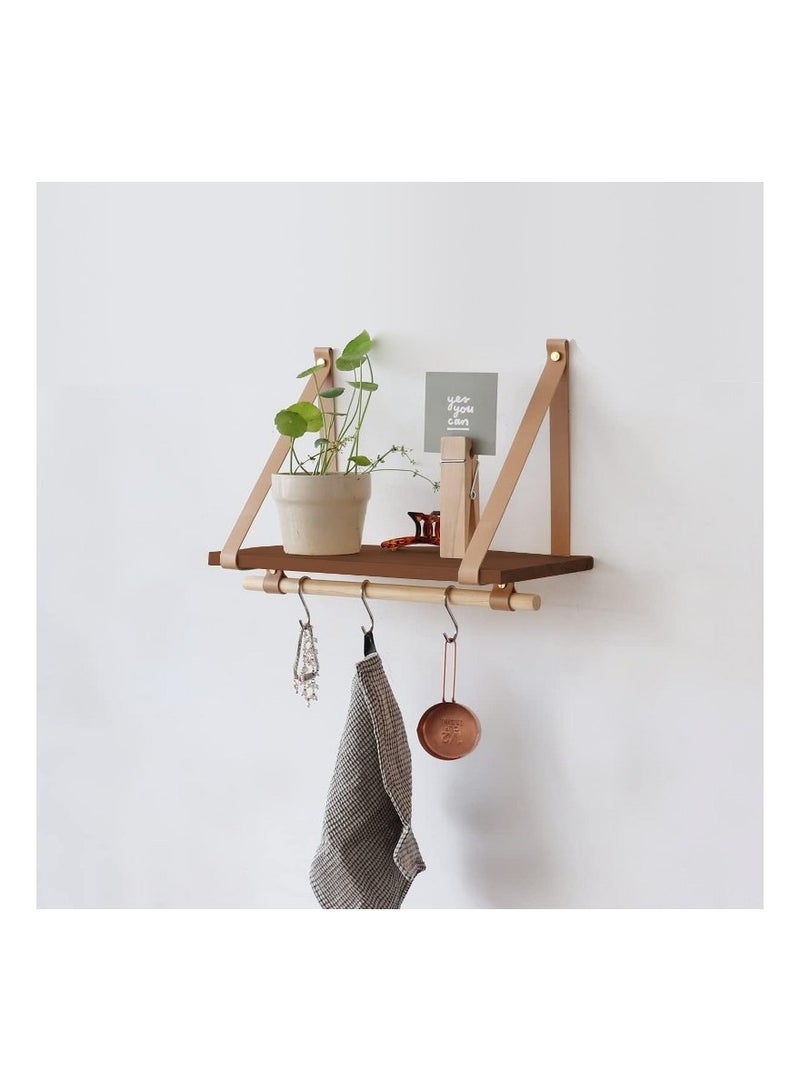 Home Gallery PU Biege Leather Strap Wall Floating Shelf  Brown  - Image 1