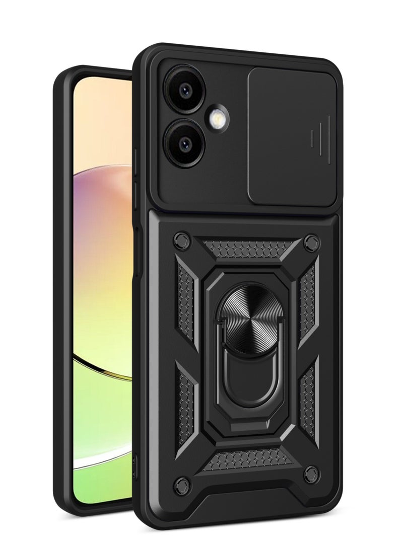 Shunjia Sliding Window Case, Shockproof Rugged Armor with Sliding Camera Cover & 360° Ring Kickstand, Compatible with Samsung Galaxy A06 (Black)
