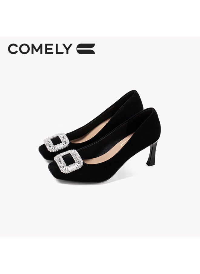 Comely Square Buckle High Heels For Women, Spring Commuter Square Toe Fashionable French Rhinestone Pumps Stiletto Shoes, Black, Size 37 - Image 1