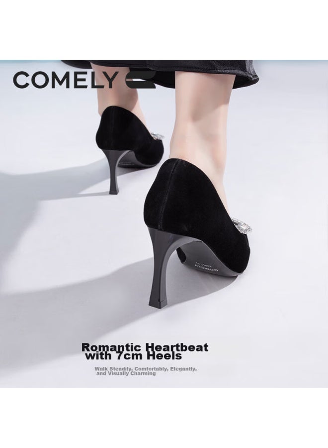 Comely Square Buckle High Heels For Women, Spring Commuter Square Toe Fashionable French Rhinestone Pumps Stiletto Shoes, Black, Size 37 - Image 4