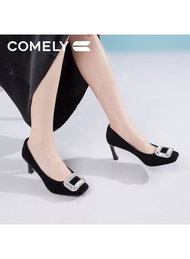 Comely Square Buckle High Heels For Women, Spring Commuter Square Toe Fashionable French Rhinestone Pumps Stiletto Shoes, Black, Size 37 - Image 5