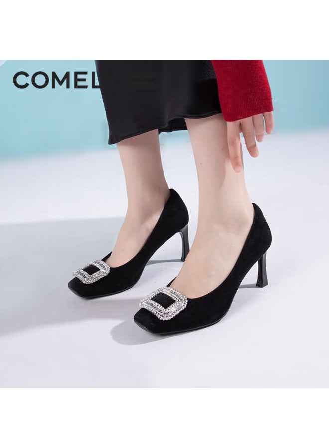 Comely Square Buckle High Heels For Women, Spring Commuter Square Toe Fashionable French Rhinestone Pumps Stiletto Shoes, Black, Size 37 - Image 2