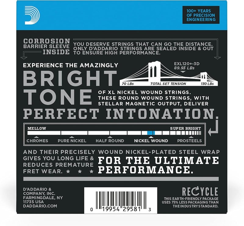 D'Addario أوتار جيتار كهربائي د'أداريوا XL مغلفة بالنيكل - EXL120+-3D، خفيفة جداً زائد، 9.5-44، عبوة 3 - Image 2