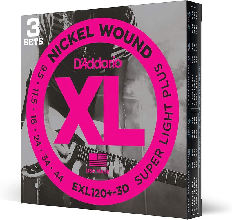 D'Addario أوتار جيتار كهربائي د'أداريوا XL مغلفة بالنيكل - EXL120+-3D، خفيفة جداً زائد، 9.5-44، عبوة 3 - Image 1