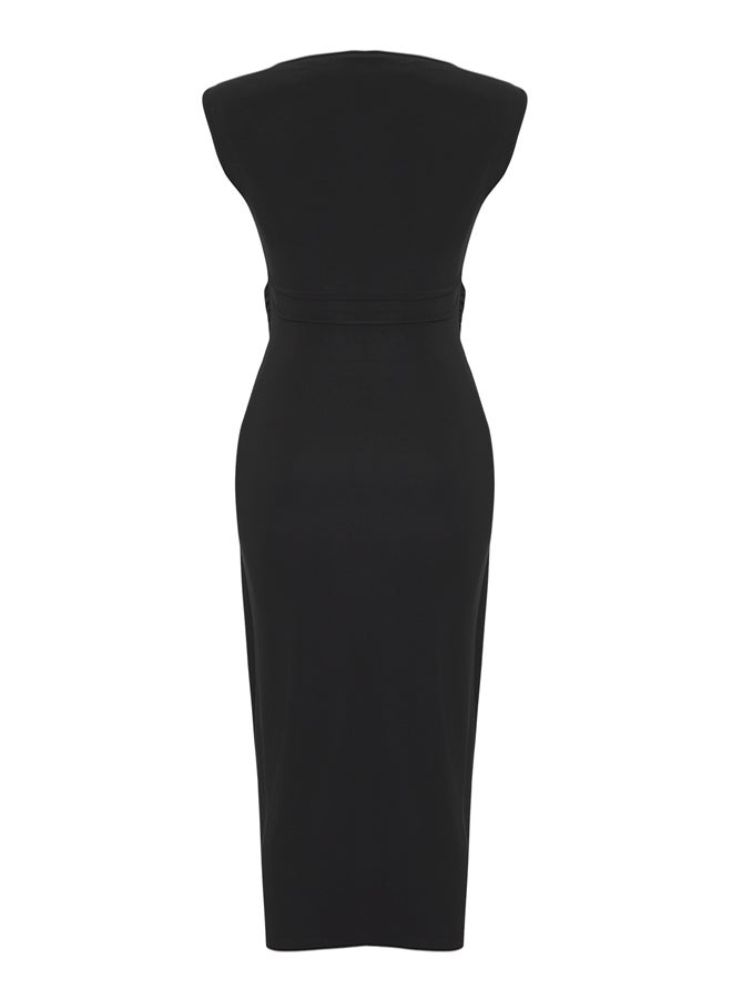 trendyol Black Bodycone Accessory Moon Sleeve Boat Neck Midi Knitted - Image 5