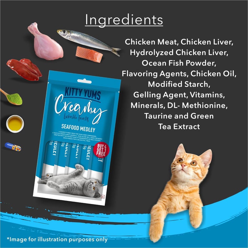 Kitty Yums Creamy Lickable Cat Treats, Seafood Medely, Pack Of 5 (25 Pcs, 375Gm) | Rich In Protein, Promotes Hydration, No Artificial Preservatives | Best For Training & Bonding | For Kitten & Adult - Image 3