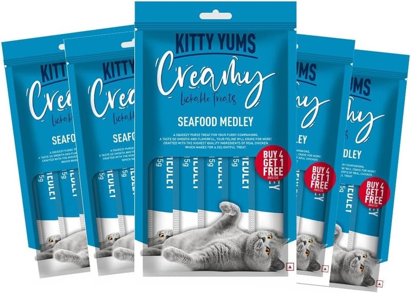 Kitty Yums Creamy Lickable Cat Treats, Seafood Medely, Pack Of 5 (25 Pcs, 375Gm) | Rich In Protein, Promotes Hydration, No Artificial Preservatives | Best For Training & Bonding | For Kitten & Adult - Image 1