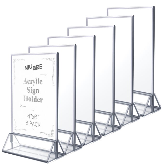 6PACK 4X6 CLEAR ACRYLIC SIGN HOLDER WITH SLIVER BORDERS AND VERTICAL STAND DOUBLE SIDED TABLE MENU HOLDERS PICTURE FRAMES FOR WEDDING TABLE NUMBERS RESTAURANT SIGNS PHOTOS AND ART DISPLAY