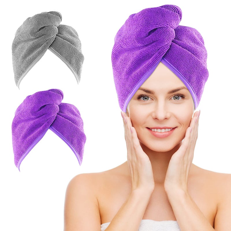 Nexcover Microfiber Hair Towel  2 Pack (Grey+Purple) 9.8 Inch X 25.5 Inch Hair Turbans Ultra Absorbent Fast Drying Towel Wraps Head Towels For Women Wet Hair Long Curly Thick Frizzy Hair - Image 1