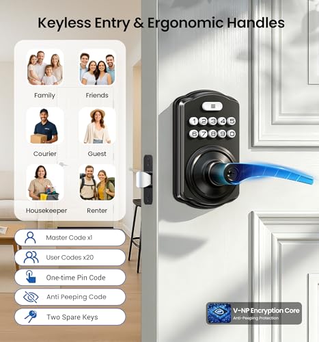 Veise Keypad Door Lock with Handle Keyless Entry for Front Door Bedroom Electronic Lock with Code AutoLocking Easy Installation Passage Mode Matte Black - Image 3