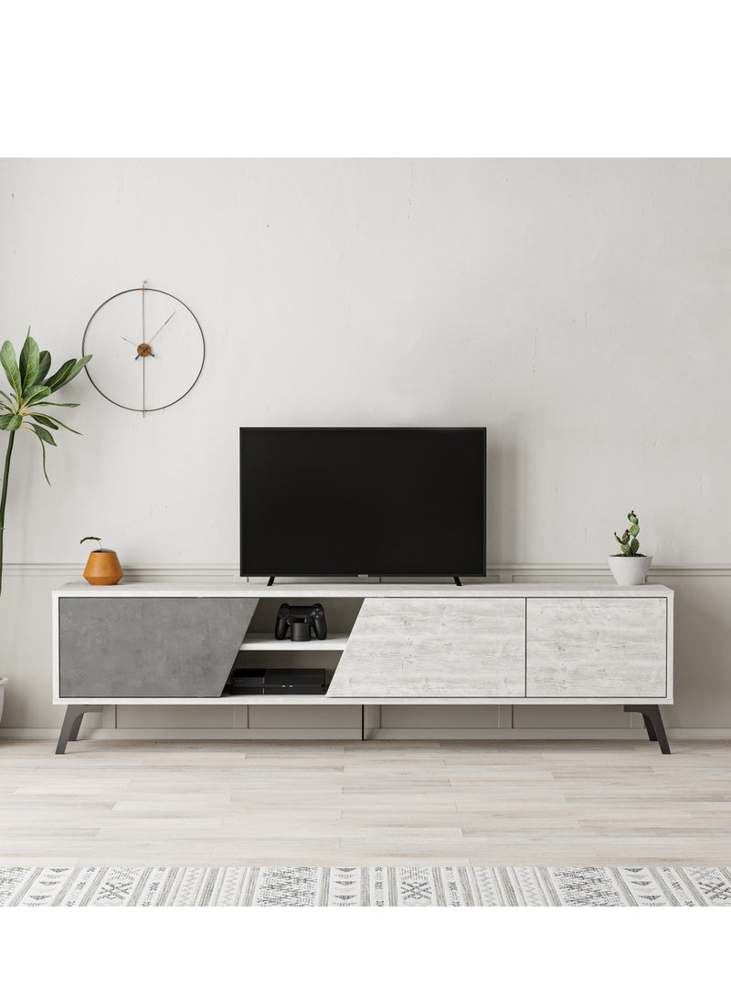 Mourah Home Fiona Tv Cabinet Up To 70'' Inch Tv| 3Door And 2Tier Storage Cabinet| Tv Units For Living Room|180X35.6X48 Cm|White Retro Grey  - Image 1