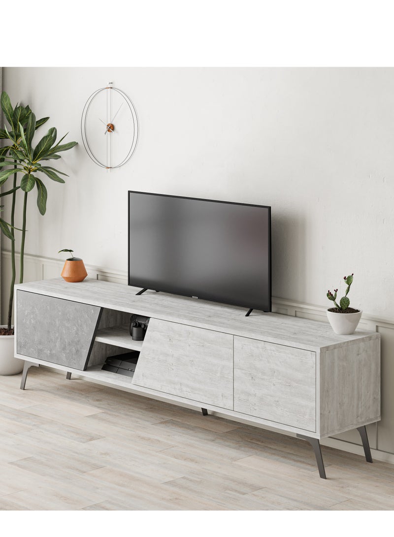 Mourah Home Fiona Tv Cabinet Up To 70'' Inch Tv| 3Door And 2Tier Storage Cabinet| Tv Units For Living Room|180X35.6X48 Cm|White Retro Grey  - Image 2