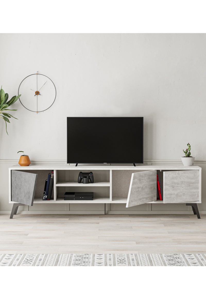 Mourah Home Fiona Tv Cabinet Up To 70'' Inch Tv| 3Door And 2Tier Storage Cabinet| Tv Units For Living Room|180X35.6X48 Cm|White Retro Grey  - Image 3