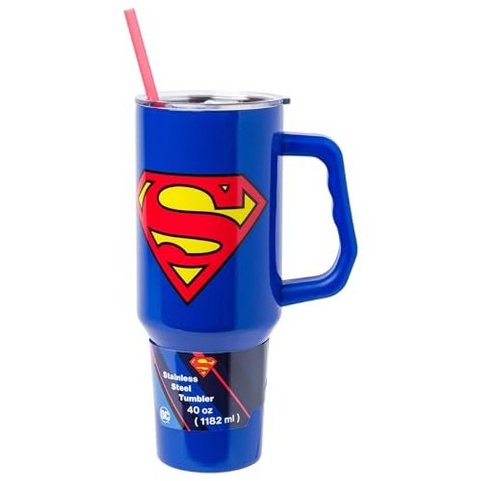 Silver Buffalo DC Comics Superman Logo Double Walled Stainless Steel Tumbler with Handle and Straw, Fits in Standard Cup Holder, 40 Ounces