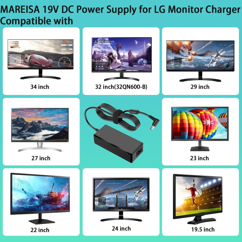 Mareisa for LG Monitor Power Supply 19V 3.42A Power Adapter Compatible with LG 34" 32" 29" 27" 24" 23" 22" 20" 19" LCD LED HD TV Monitor Charger Power Cord - Image 2