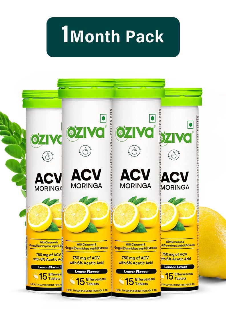 OZiva خل التفاح مع المورينغا | السيطرة على الرغبات | خل التفاح، القرفة، الجوجول | بدون مالتوديكسترين وبدون سكر مضاف - ليمون، عبوة من 4 (60 قرص) - Image 1
