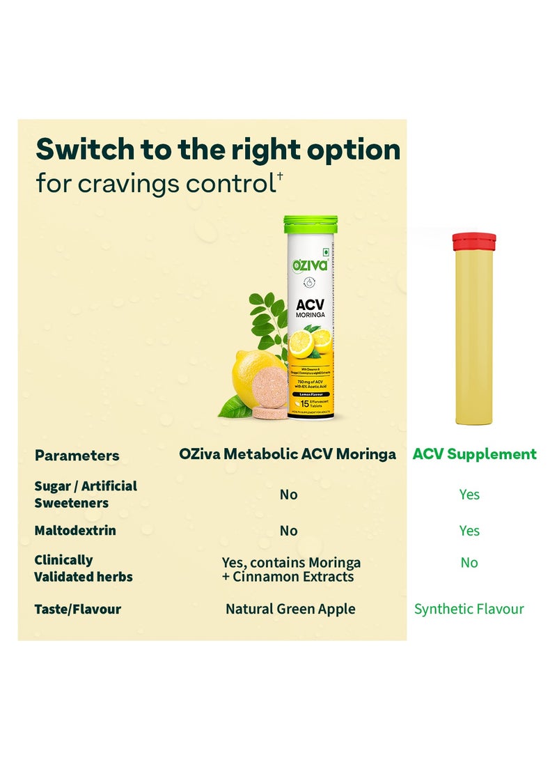OZiva خل التفاح مع المورينغا | السيطرة على الرغبات | خل التفاح، القرفة، الجوجول | بدون مالتوديكسترين وبدون سكر مضاف - ليمون، عبوة من 4 (60 قرص) - Image 5