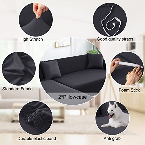 NAISI Couch Cover L Shape 2 Pieces Sofa Cover Soft Stretch Slipcovers with 2pcs Pillowcases Furniture Protector Sectional Couch Covers 3 Seater + 3 Seater(Dark Grey) - Image 3