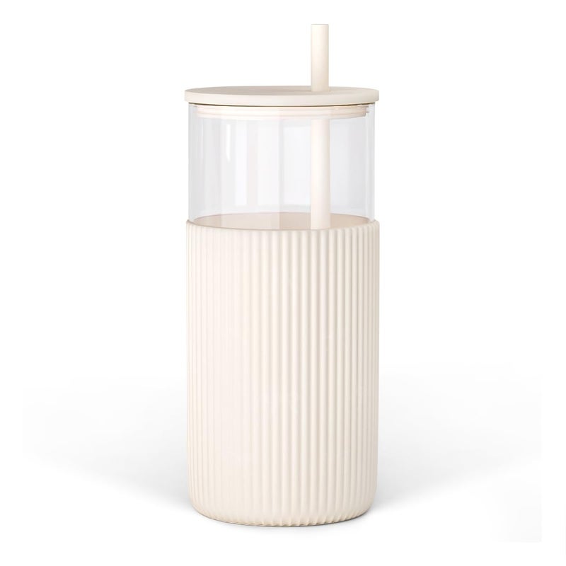 SANDJEST Glass Tumbler with Straw and Lid, Glass Water Bottle with Silicone Sleeve 20oz, Smoothie, Iced Coffee Cup, Gifts for Women Teen Girls Birthday Christmas (Cream) - Image 1