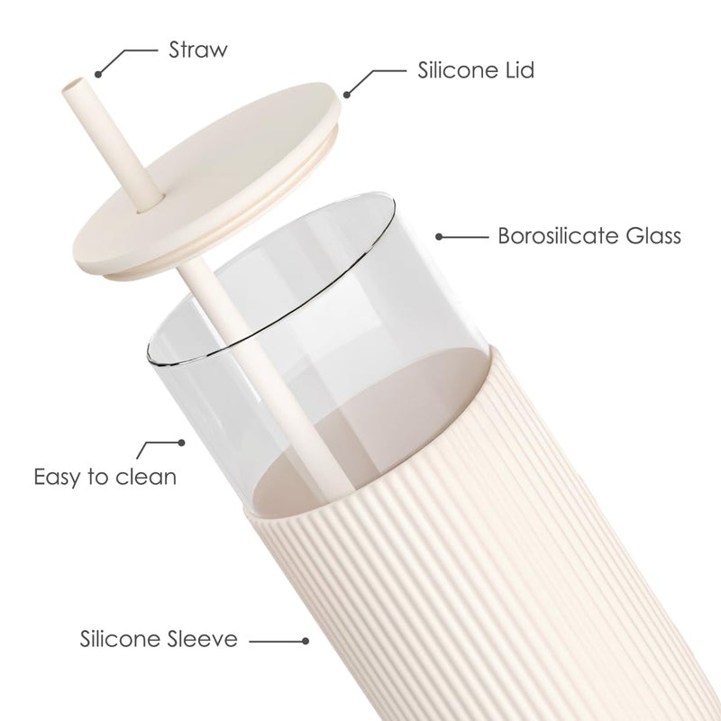 SANDJEST Glass Tumbler with Straw and Lid, Glass Water Bottle with Silicone Sleeve 20oz, Smoothie, Iced Coffee Cup, Gifts for Women Teen Girls Birthday Christmas (Cream) - Image 2