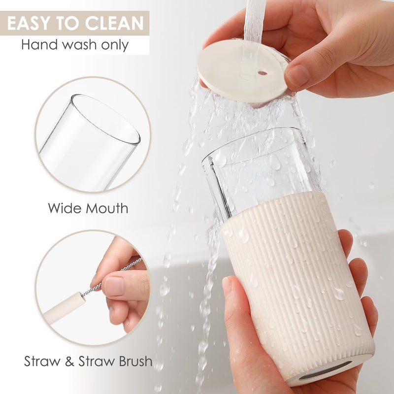 SANDJEST Glass Tumbler with Straw and Lid, Glass Water Bottle with Silicone Sleeve 20oz, Smoothie, Iced Coffee Cup, Gifts for Women Teen Girls Birthday Christmas (Cream) - Image 3