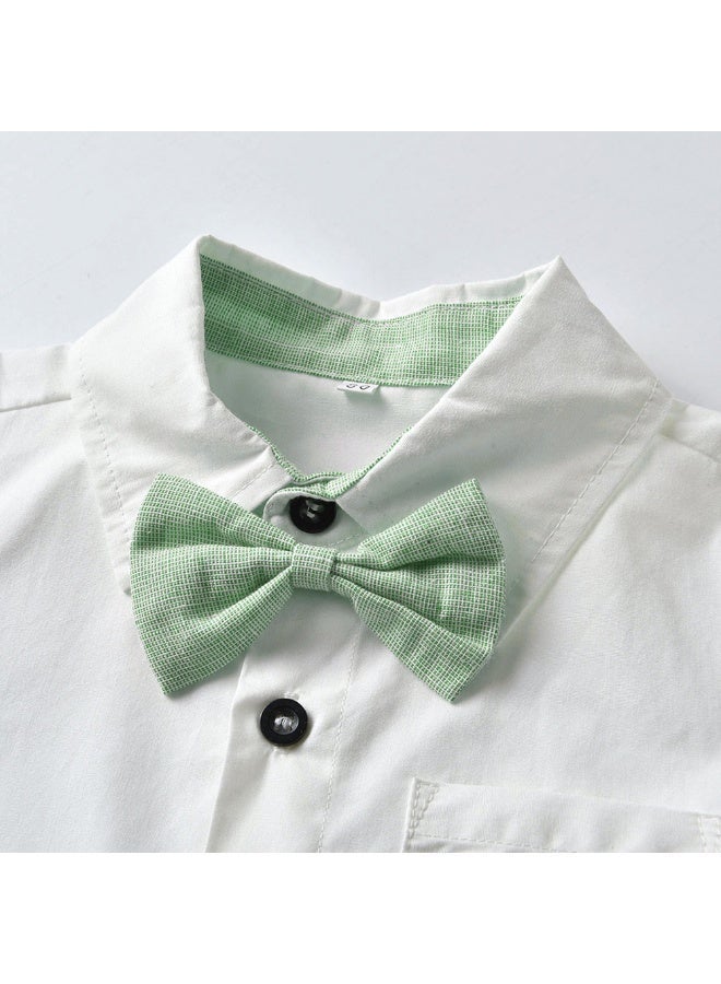 دوكو طقم ملابس مريح مكون من 3 قطع للأولاد الصغار، طقم ملابس مريح للأولاد الصغار، طقم قميص بأزرار بأكمام قصيرة وبنطال بحمالات مع ربطة عنق، زي رسمي للصيف، مناسب لحفلات الزفاف والعروض والأنشطة الرسمية - Image 4