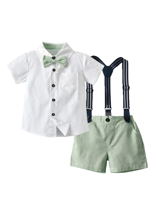 دوكو طقم ملابس مريح مكون من 3 قطع للأولاد الصغار، طقم ملابس مريح للأولاد الصغار، طقم قميص بأزرار بأكمام قصيرة وبنطال بحمالات مع ربطة عنق، زي رسمي للصيف، مناسب لحفلات الزفاف والعروض والأنشطة الرسمية - Image 1
