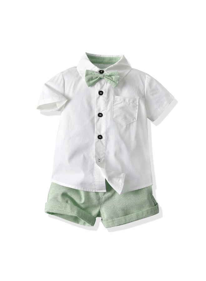 دوكو طقم ملابس مريح مكون من 3 قطع للأولاد الصغار، طقم ملابس مريح للأولاد الصغار، طقم قميص بأزرار بأكمام قصيرة وبنطال بحمالات مع ربطة عنق، زي رسمي للصيف، مناسب لحفلات الزفاف والعروض والأنشطة الرسمية - Image 2