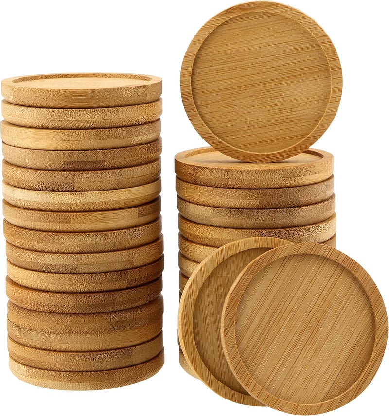 PINGEUI 30 Pack 3 Inch Round Bamboo Coasters, Natural Wooden Drink Coasters, Round Bamboo Saucer Decorative Succulent Tray for Cups, Outdoor and Indoor Plant Pots - Image 1