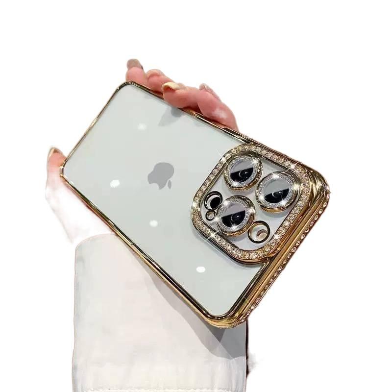 MS غطاء واقي بTPU لـ iPhone 15 / 15 Plus / 15 Pro / 15 Pro Max مع كريستال راينستون وبريق مع حماية العدسة مع مقاومة بصمات الأصابع باللون Gold بتفاصيل مرصعة من مادة TPU باللون الذهبي - Image 1