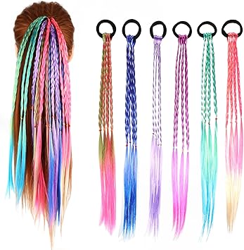 Ptwola 6 Pcs Braids Hair Extensions Colorful Wig Braid Rubber Bands Braided Rainbow Hair Rope Styling Ponytail Holders Hairpieces Cosplay Accessories for Dress Up Party Women Girls - Image 1