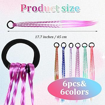Ptwola 6 Pcs Braids Hair Extensions Colorful Wig Braid Rubber Bands Braided Rainbow Hair Rope Styling Ponytail Holders Hairpieces Cosplay Accessories for Dress Up Party Women Girls - Image 2