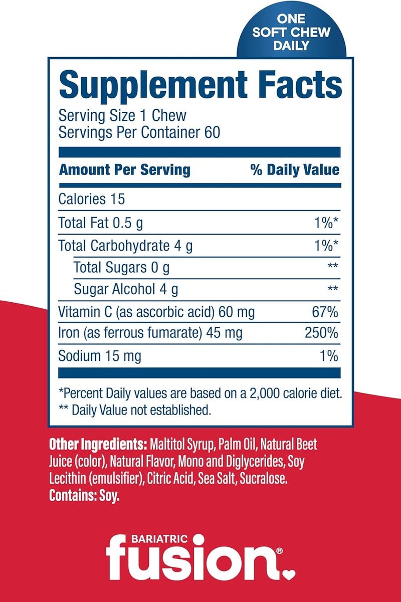 Bariatric Fusion مكمل الحديد الطري مع فيتامين C | بنكهة الكرز | فيتامين مضغ للمرضى الذين خضعوا لجراحة السمنة | خالي من الجلوتين | مكمل حديد للنساء والرجال | 60 حبة | إمداد لمدة شهرين - Image 2