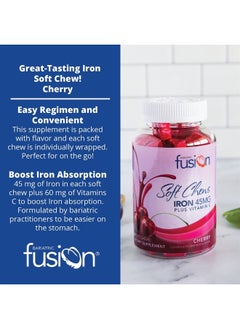Bariatric Fusion Iron Soft Chew with Vitamin C | Cherry Flavored | Chewy Vitamin for Bariatric Patients | Gluten Free | Iron Supplement for Women and Men | 60 Count | 2 Month Supply  - Image 3