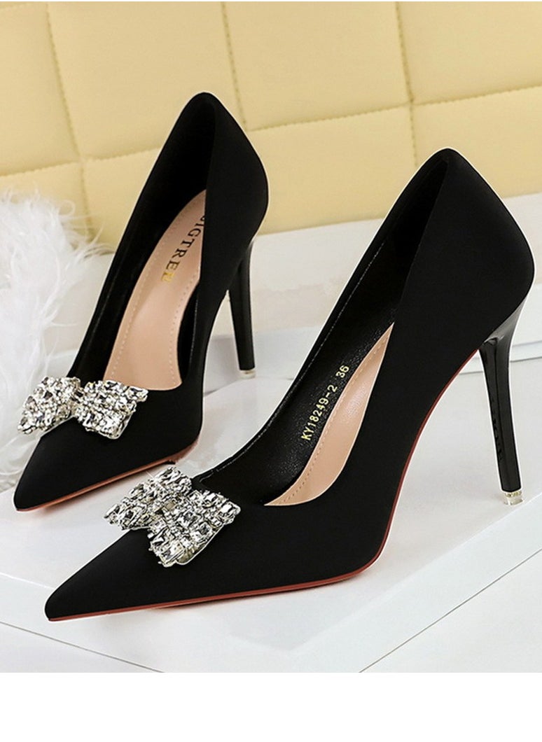 BIGTREE Women's Satin Closed Pointed Toe Stiletto Pump Rhinestone Bowknot Decoration High Heels Black 10.5 CM 