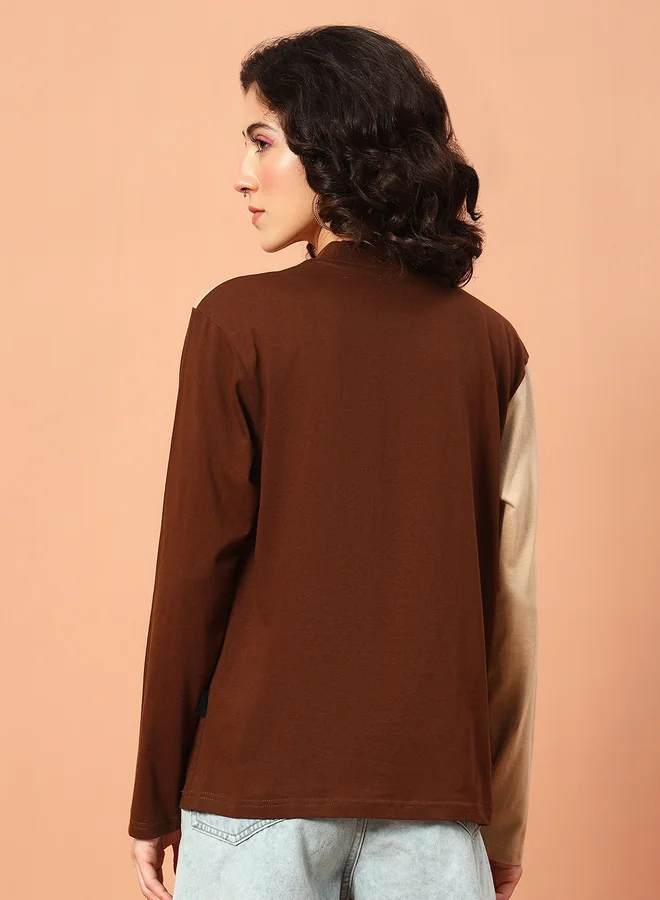 Take Two Brown Color Block High Neck T-Shirt By The Dry State