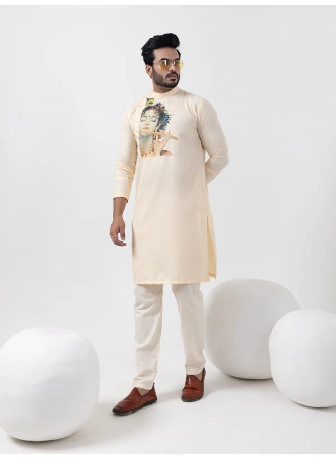Devoiler Mens Beige Lord Krishna Print Cotton Kurta Set - Image 5