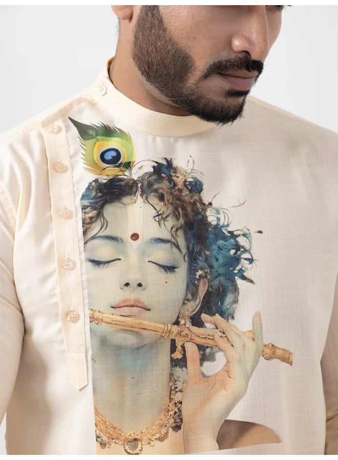 Devoiler Mens Beige Lord Krishna Print Cotton Kurta Set - Image 3