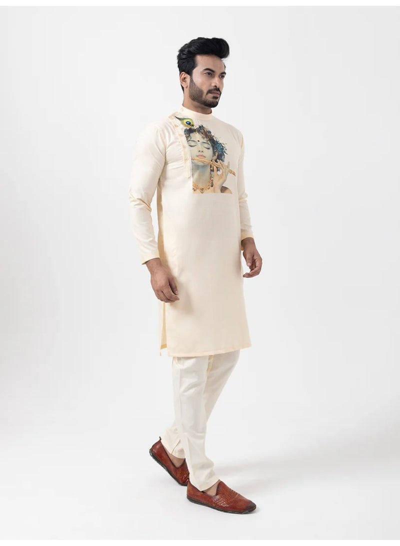Devoiler Mens Beige Lord Krishna Print Cotton Kurta Set - Image 4