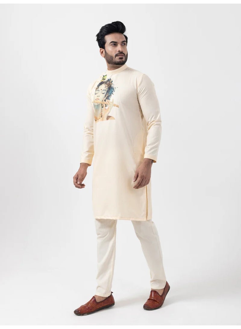 Devoiler Mens Beige Lord Krishna Print Cotton Kurta Set - Image 1