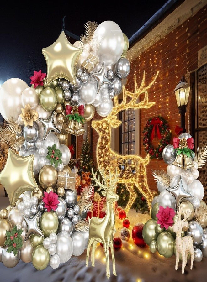 طقم قوس بالونات عيد الميلاد مكون من 117 قطعة باللونين الأبيض والذهبي، بالونات لؤلؤية رملية بيضاء فضية ذهبية شامبانيا مع إكليل من بالونات النجوم والغزلان المصنوعة من رقائق معدنية، مثالي لتزيين حفلات رأس السنة الجديدة وأجواء الشتاء الساحرة في عيد الميلاد. - Image 4