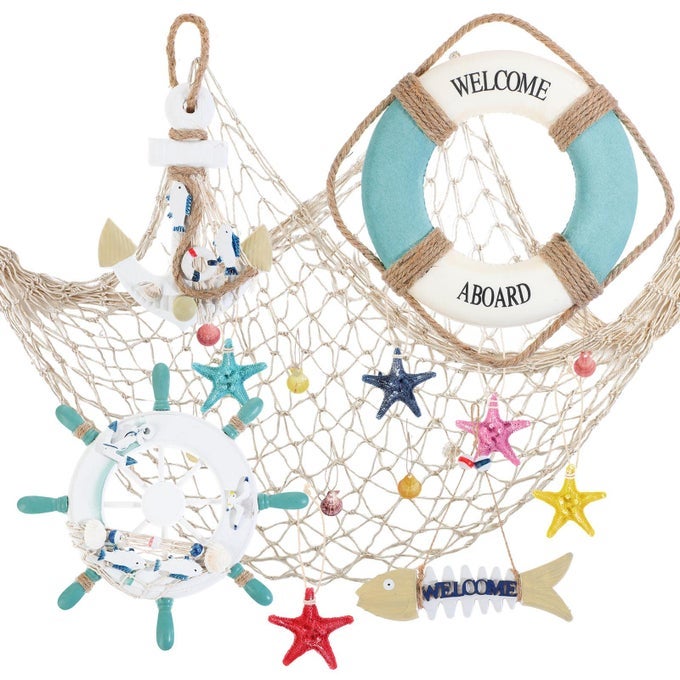 11 PCS WOODEN NAUTICAL WALL DECOR FISHING NET DECORATIONS INCLUDE DECORATIVE FISHING NET SHIP WHEEL FISH SKELETON LIFE RING ANCHOR STARFISH BEACH DECOR FOR MEDITERRANEAN PARTY WOOD COLOR