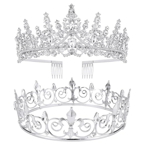 VELSCRUN 2 Pcs Tiara Crown for Men Women Silver Crowns for Men Metal King Queen Crown Tiaras Prince Crown Princess Tiaras for Girls Birthday Prom Wedding Halloween Party Hair Accessories B