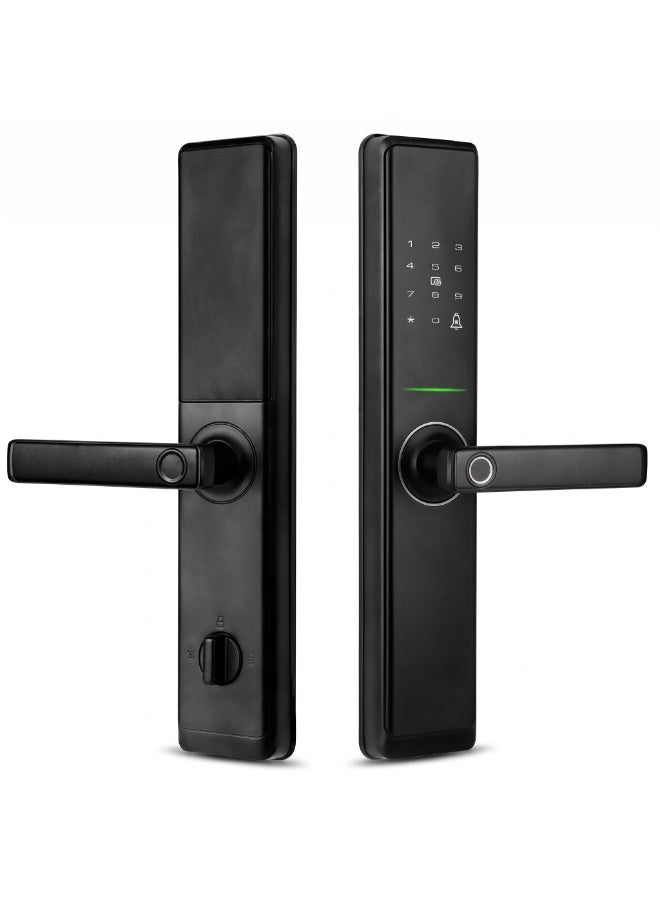 Smart Door Lock, Black Aluminium Alloy, Fingerprint Keypad App Card Key Unlock, for 40-120mm Wooden & Metal Doors