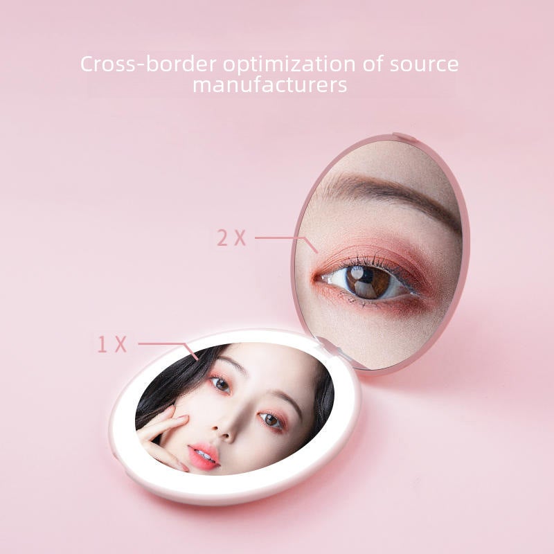 Cross-border folding led makeup mirror with light gift compact round beauty mirror double-sided 2X magnifying handheld mirror hot sale(White) - Image 2
